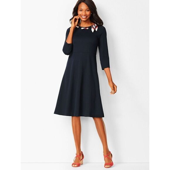 Talbots Ponte Fit &‎ Flare Dress Women's 4P Navy Blue Scarf Tie 3/4 Sleeve NWT - Picture 12 of 12